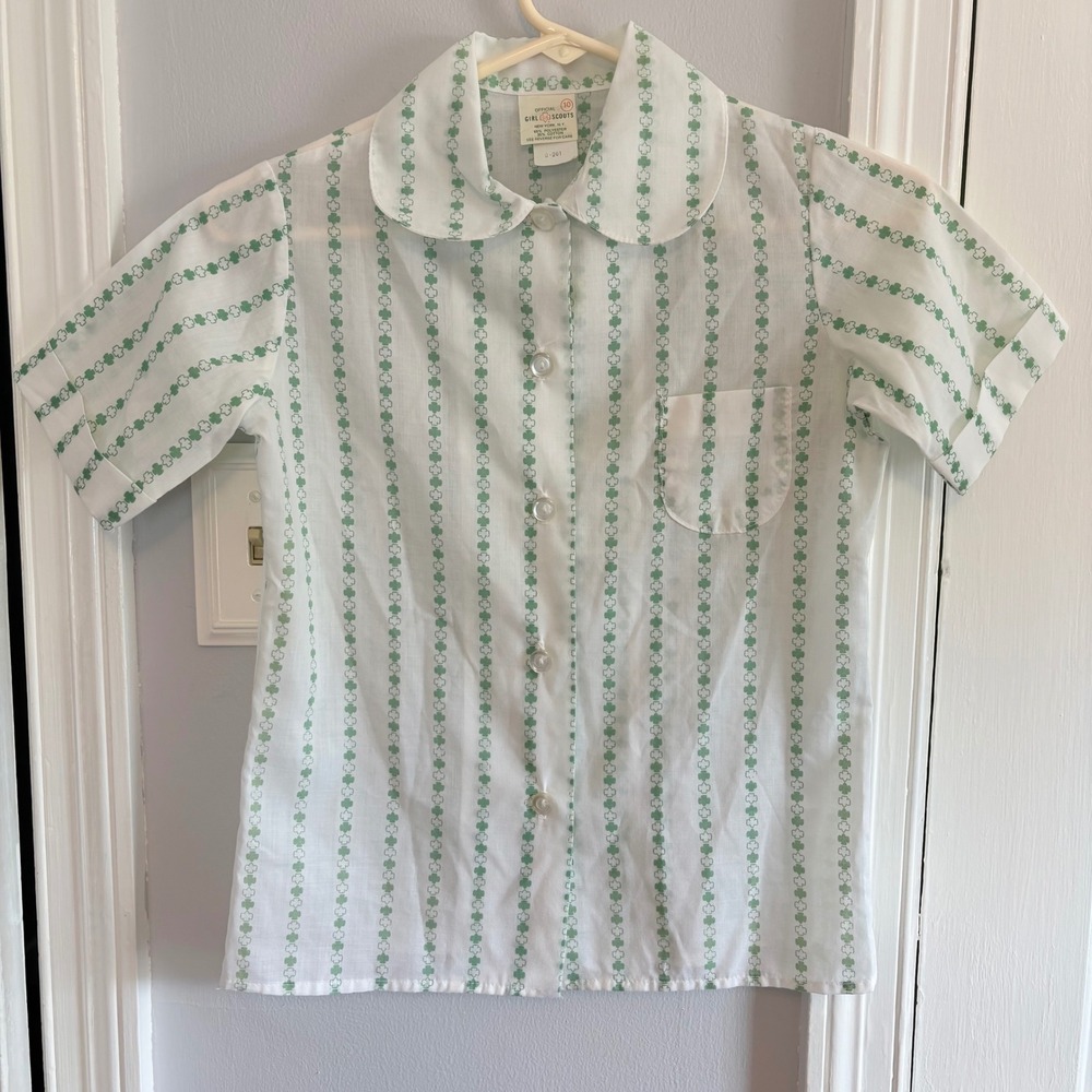 Vtg Official Girl Scouts Girls 10 Shirt White Green Trefoil Stripe Short Sleeve